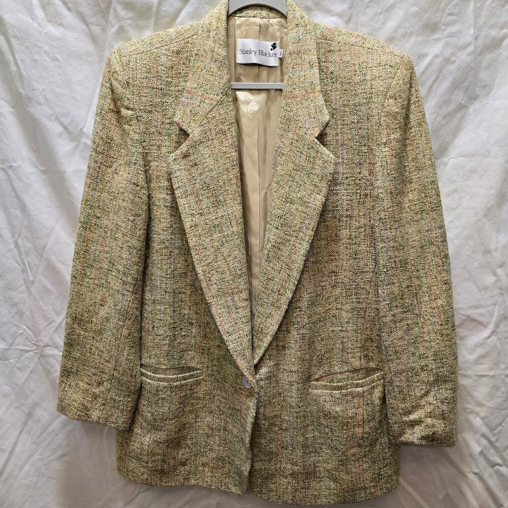 Vintage Stanley Blacker 100% silk tan tweed single button blazer 12 welt pockets